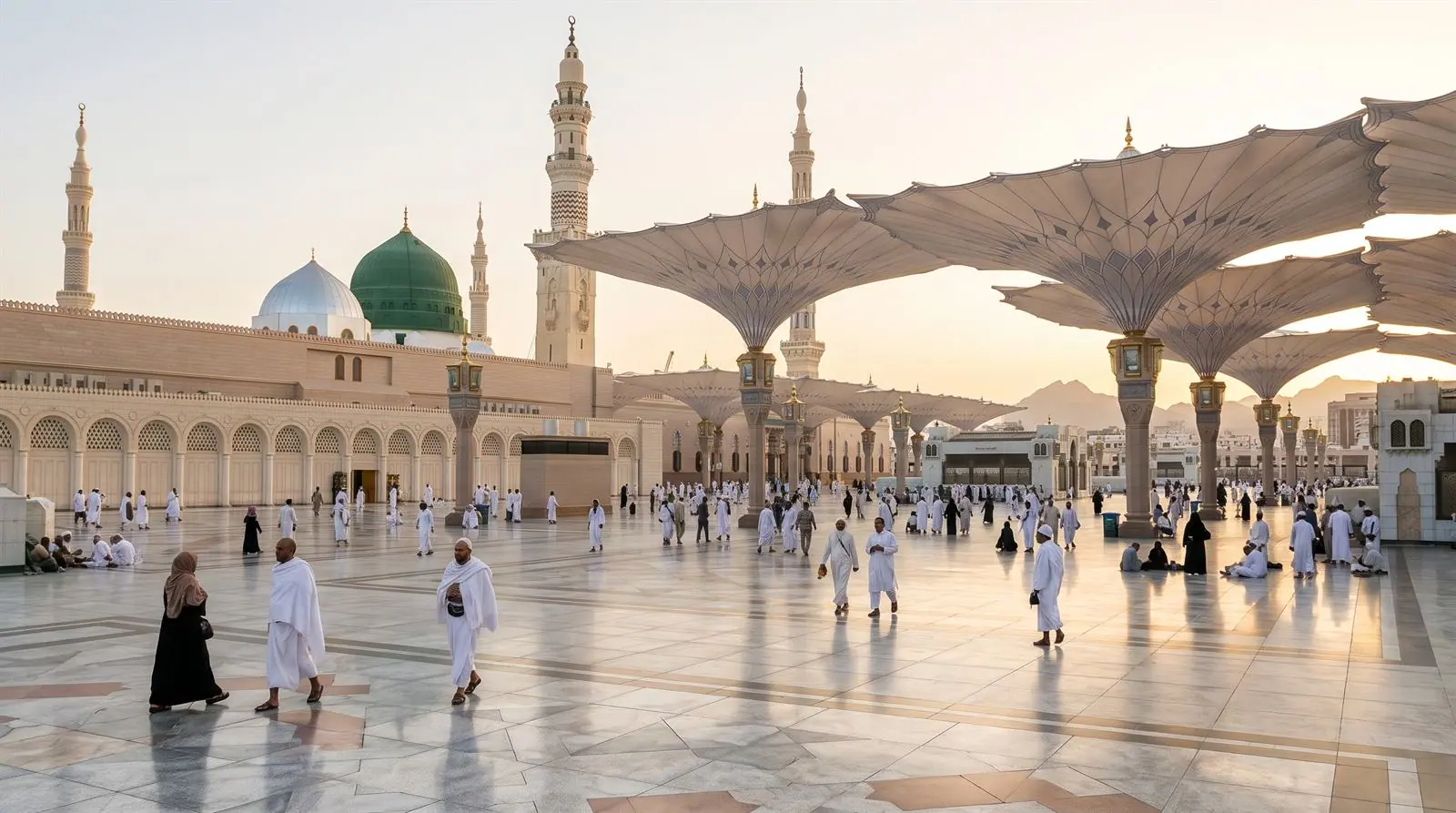 Pilgrims in the courtyard of the Prophet's Mosque in Madinah
